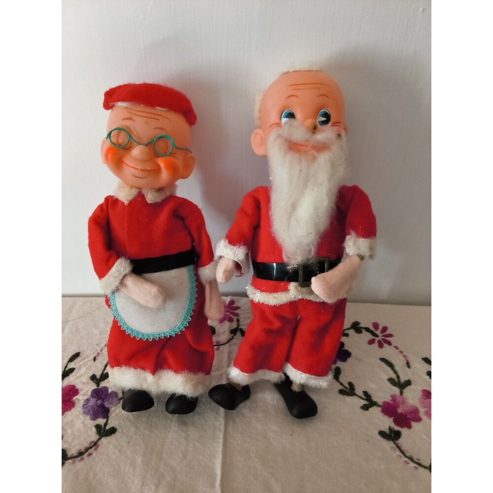 Vintage 7" NOEL Brand Japan Poseable Santa & Mrs. Claus Figures Felt Wood Feet